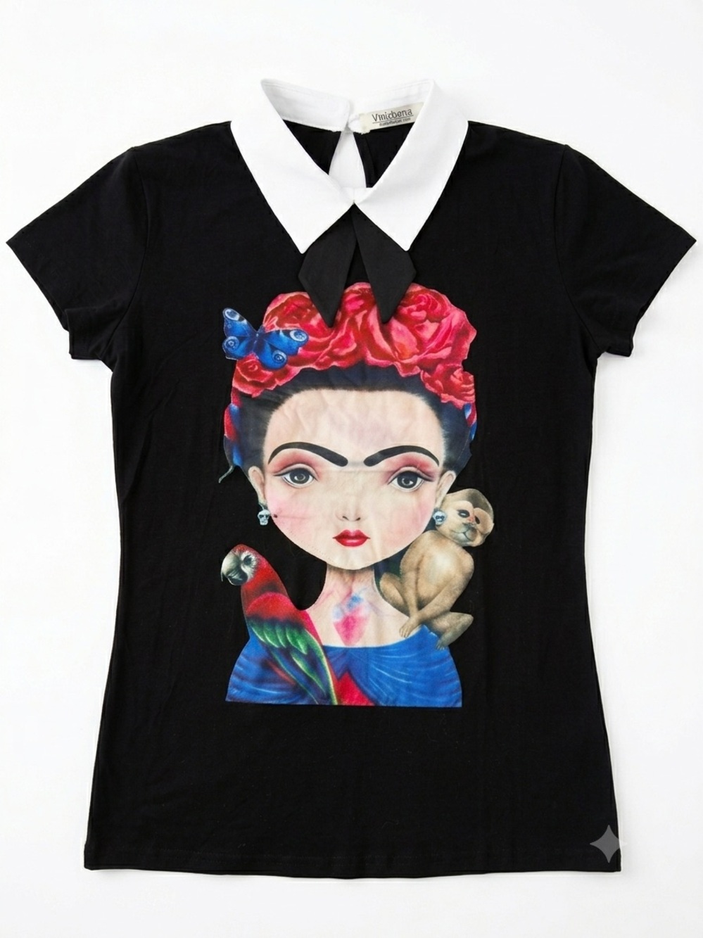 Vinizbena Art Graphic Print Peter Pan Collar Bow Button T-Shirt Black White M